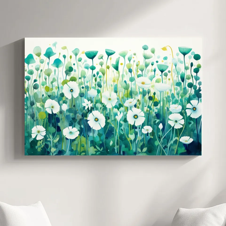 Painting of green flower patterns, colorful floral wall art