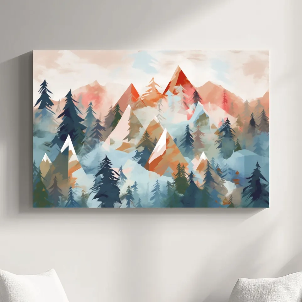 Pastel geometic alpine forest mountain painting