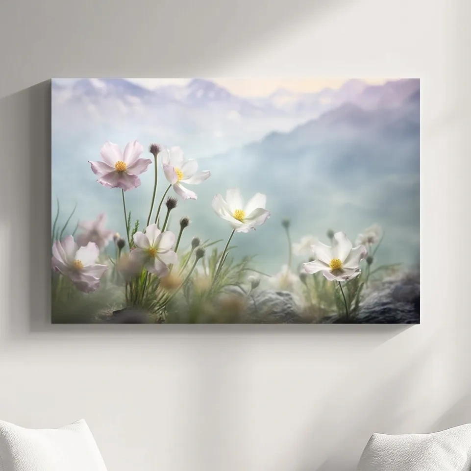 Photographic art of alpine wildflowers in the meadows, floral artwork