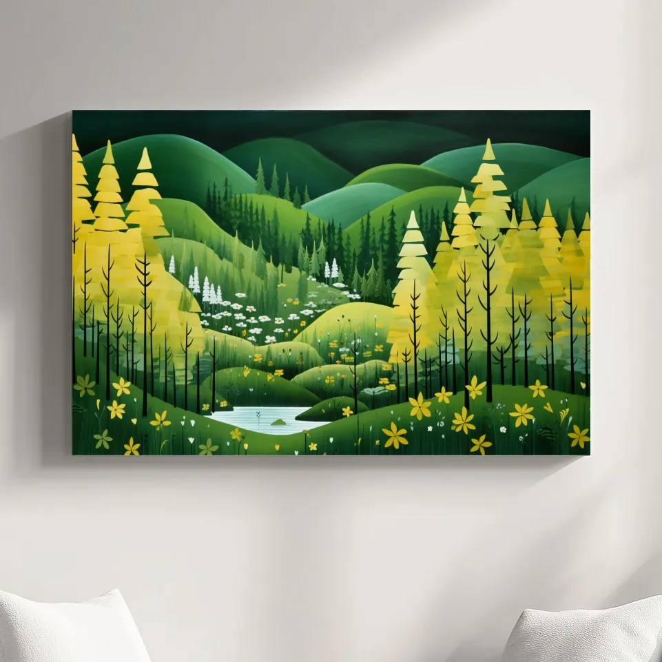 Painting of a pine autumn forest and rolling green hills