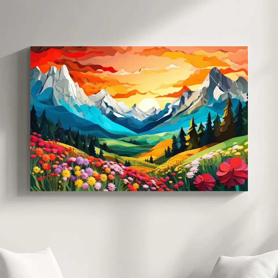 Vibrant paper cutout style art of an alpine meadow at sunset