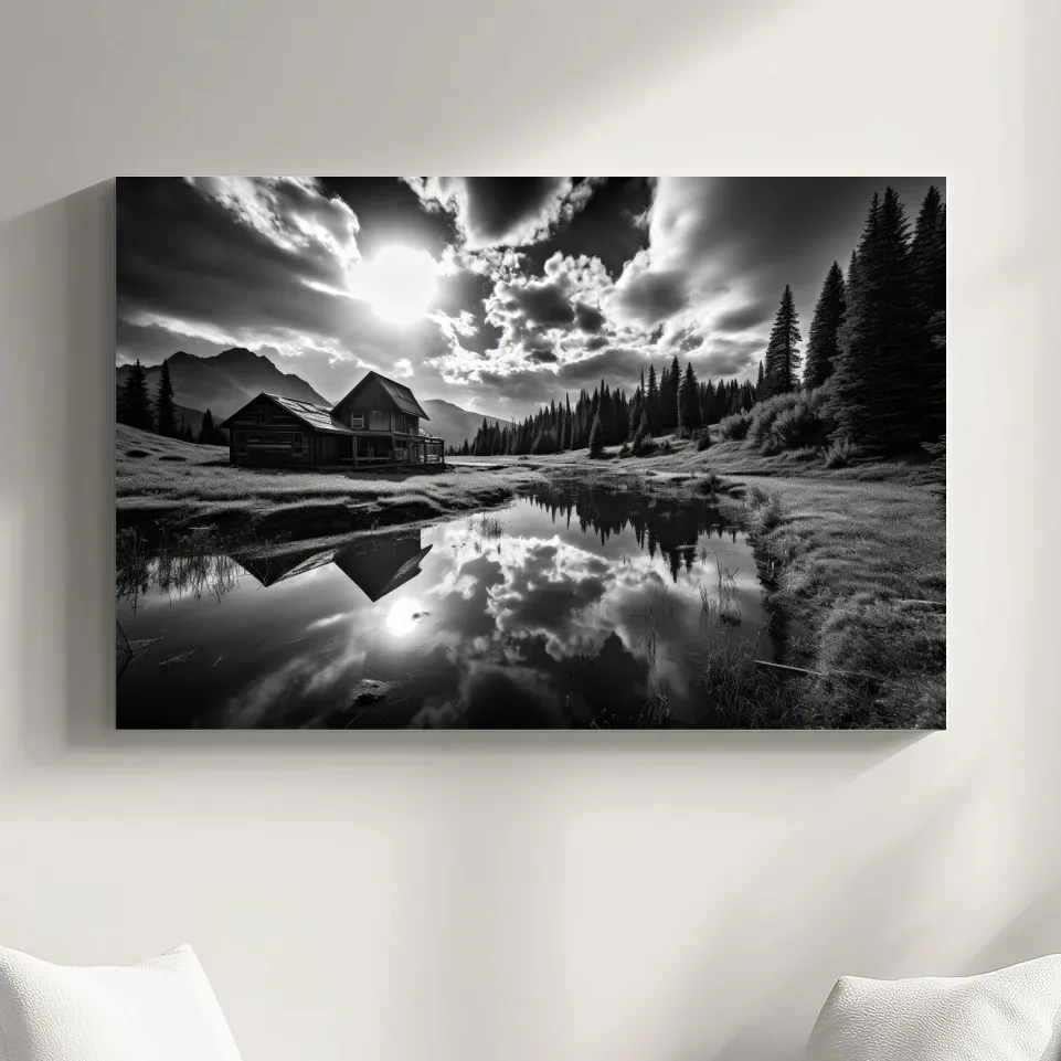 Black and white high contrast photograph of a cabin by the lake