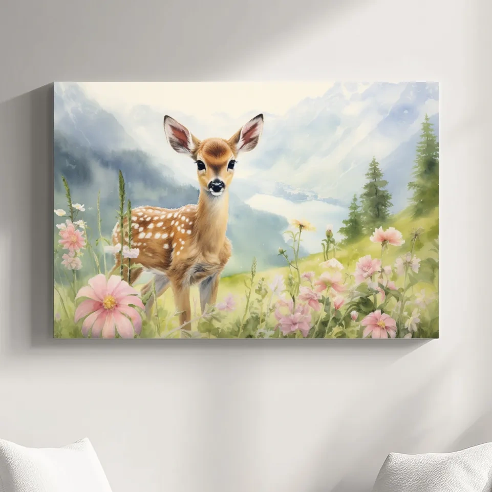 Painting of a deer fawn in the alpine meadows