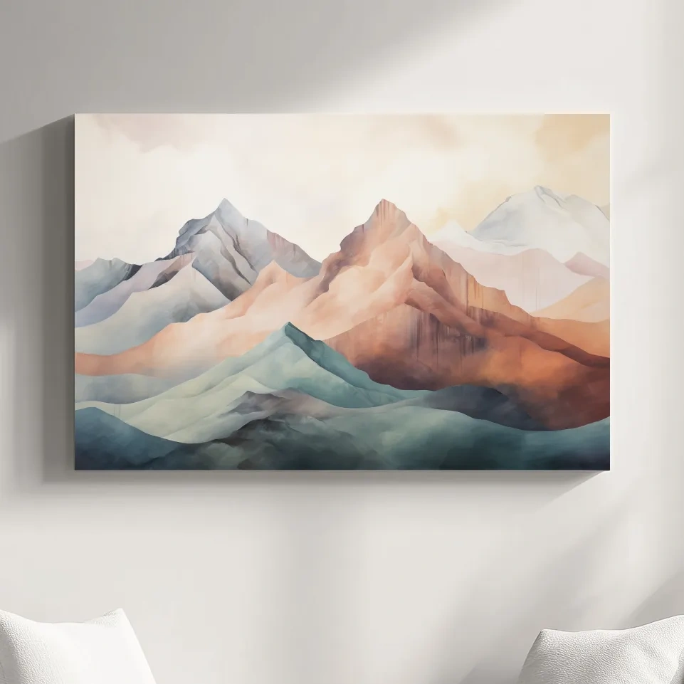 Subtle pastel mountain painting artwork on canvas