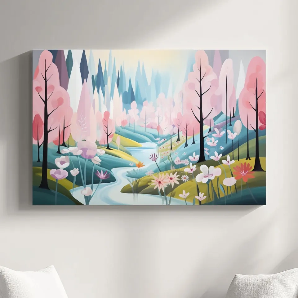 Dreamy painting of a pink blossom forest