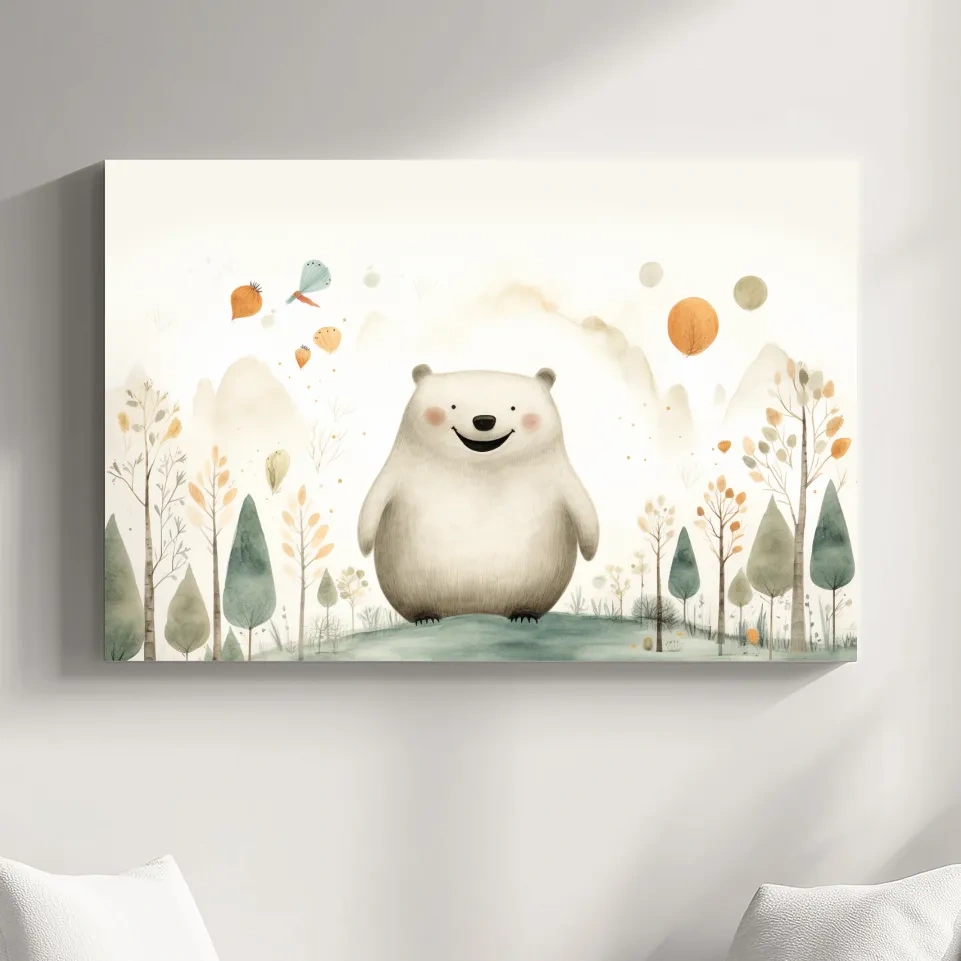 Storybook nursery art, happy bear in the forest