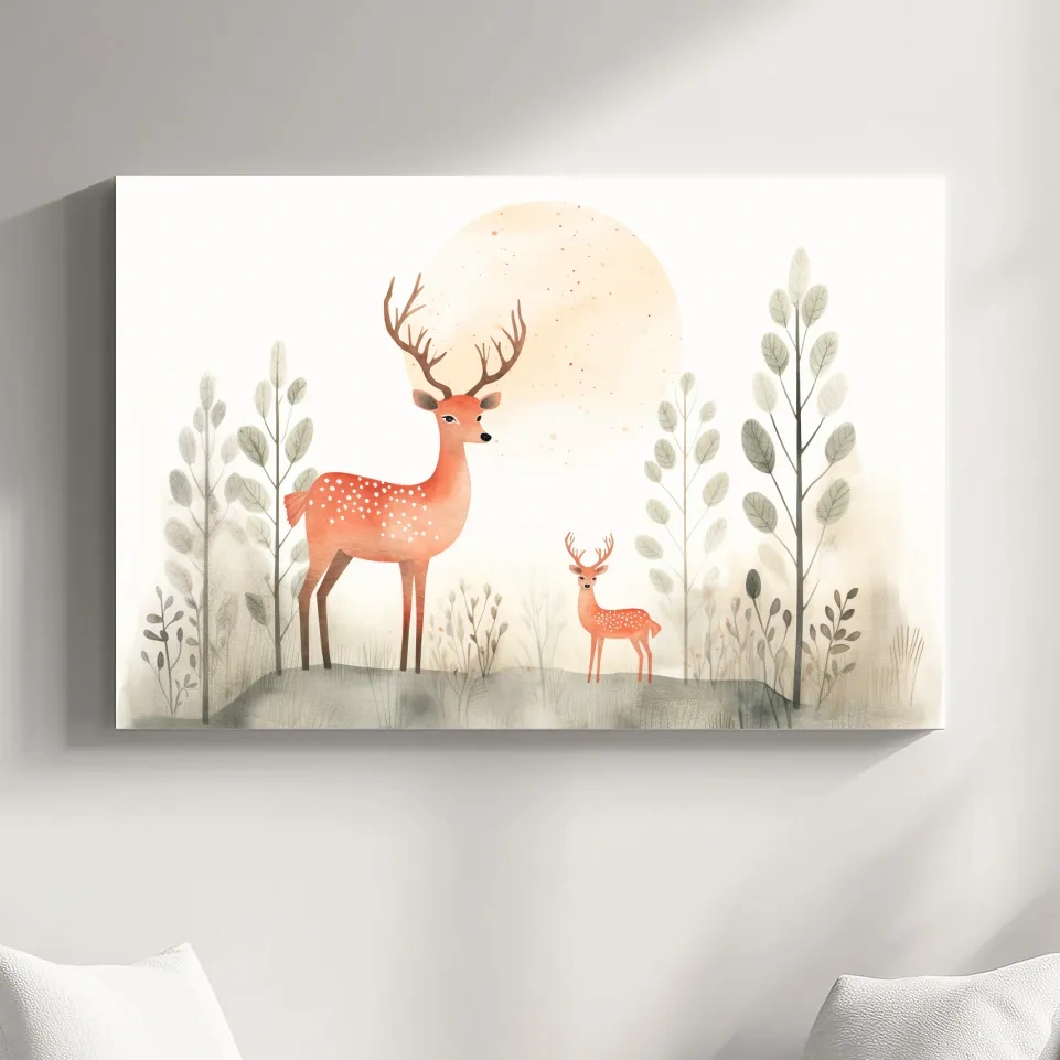 Storybook childrens illustration art, cute deer family in the forest, nursery wall art