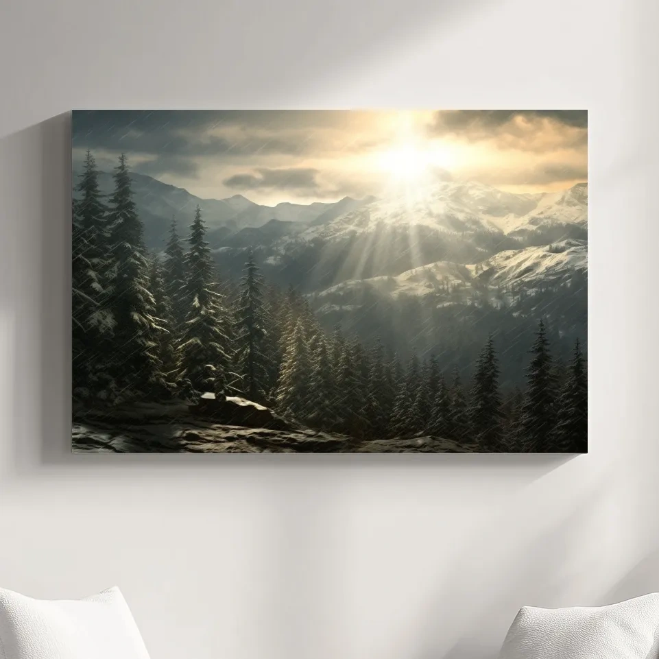 Sunset snowstorm, realistic snow mountain painting