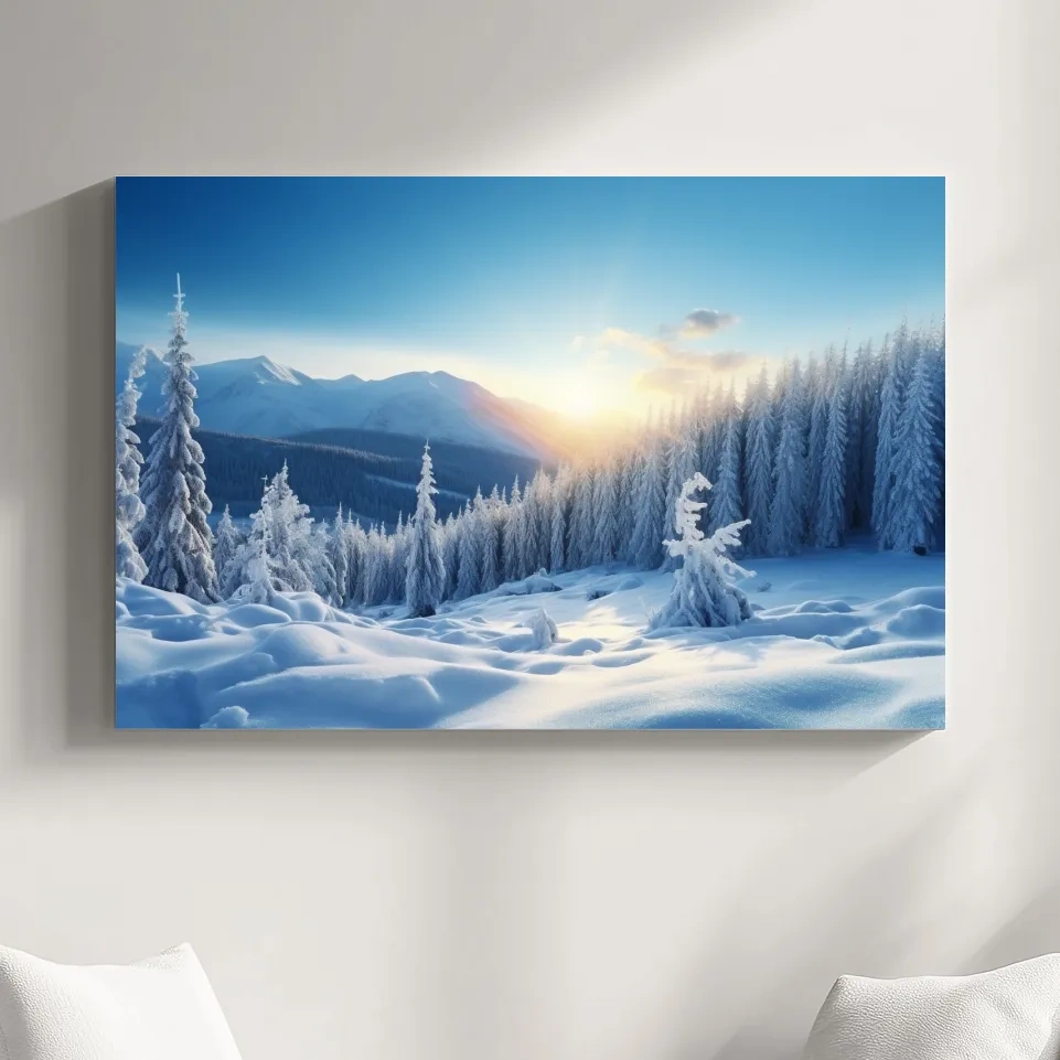 Snow covered alpine trees in the sun, photographic art
