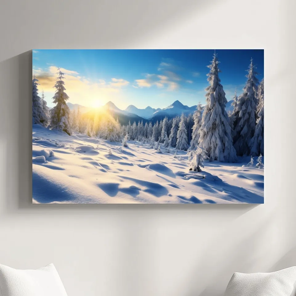 Sunshine on the alpine snow forest, photography art