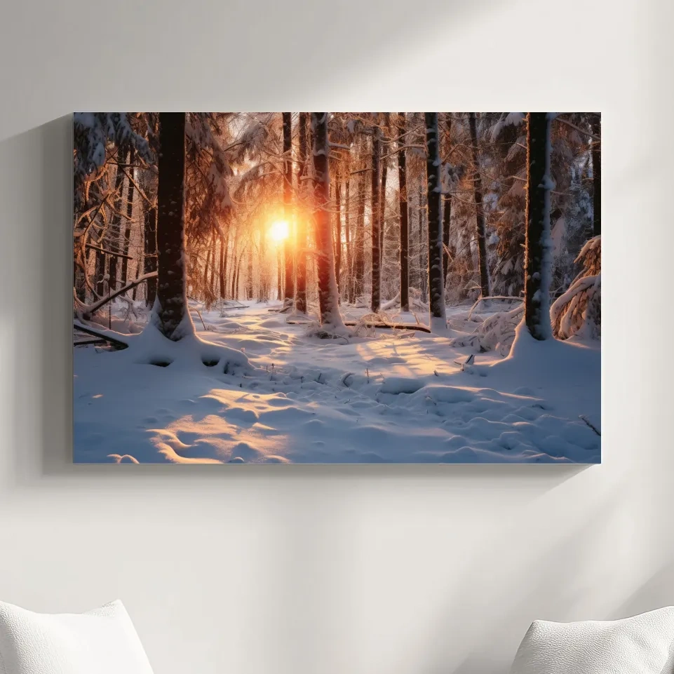 Snow covered forest at sunset, photograph