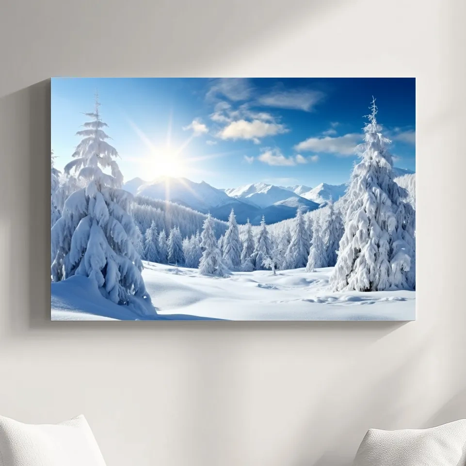 Photograph of a snow covered forest and a clear blue sunny sky
