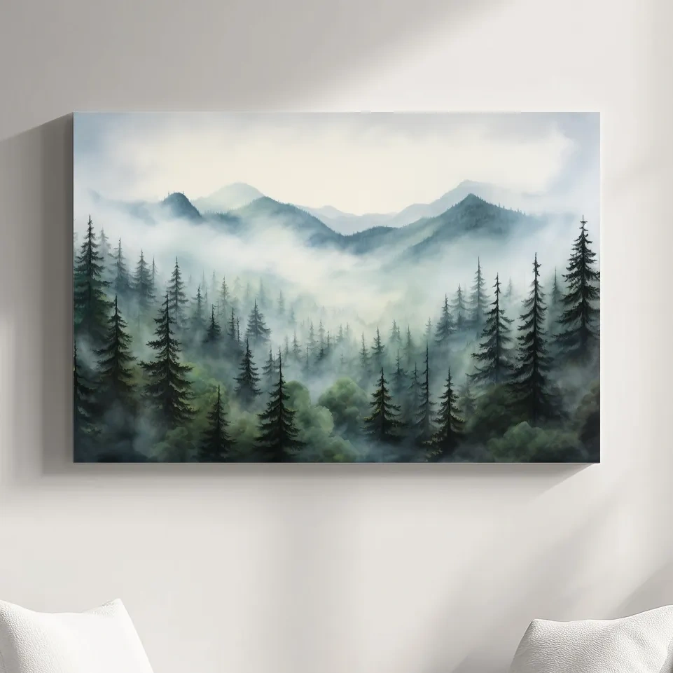 Painting of fog rolling through the trees and mountains