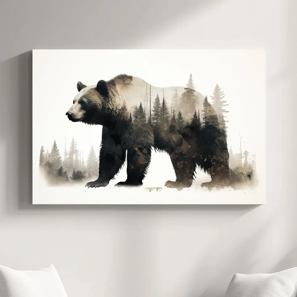 Double exposure artwork, a grizzly bear and a forest