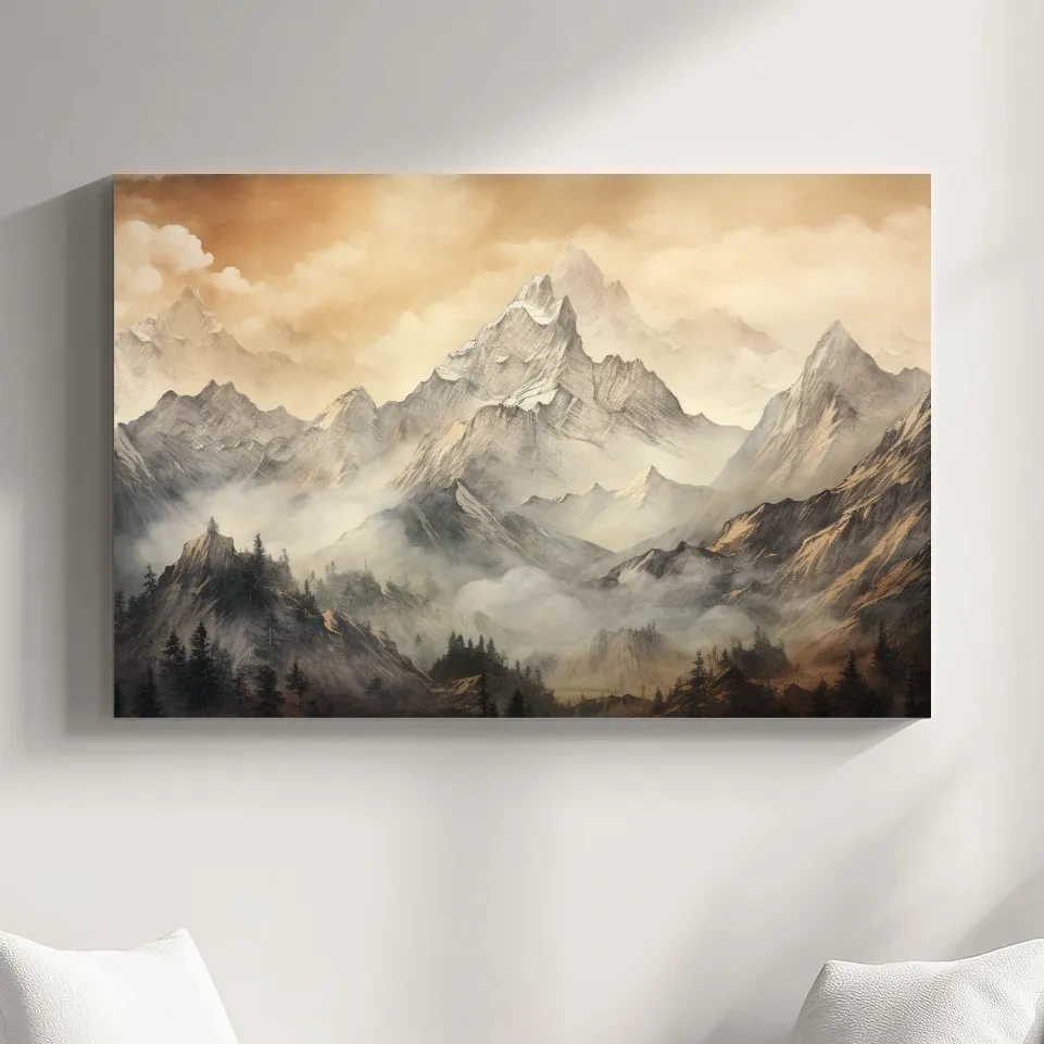 Alpine glacier scene at sunset, sketch style drawing artwork, high alpine landscape wall art