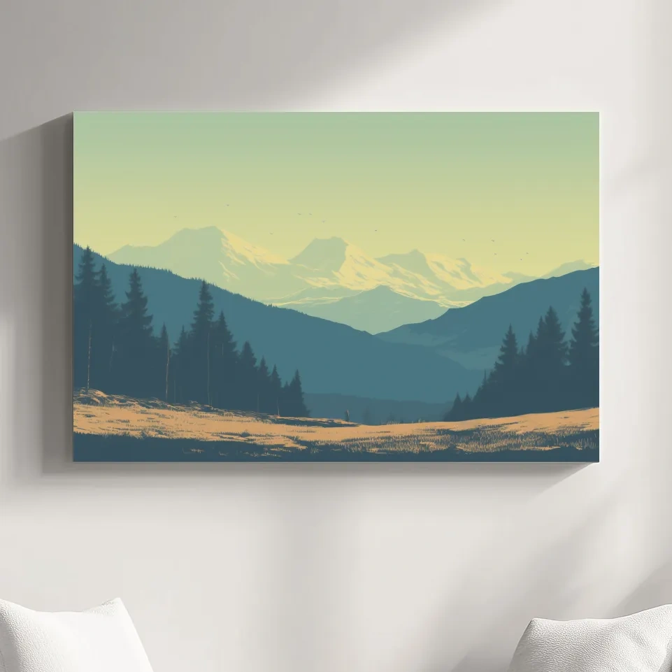 Pacific North West hazy glacier mountain scene, postcard style vector artwork