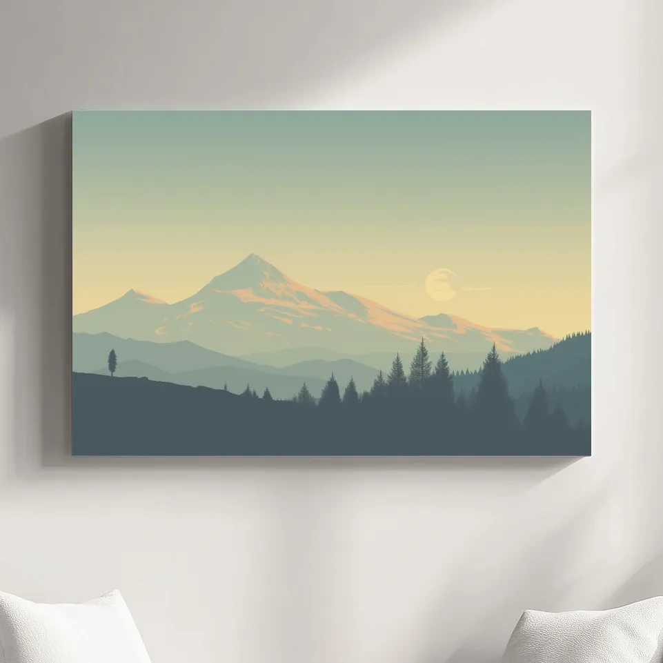 Dusk over the glacier, hazy forest silhouette vector illustration