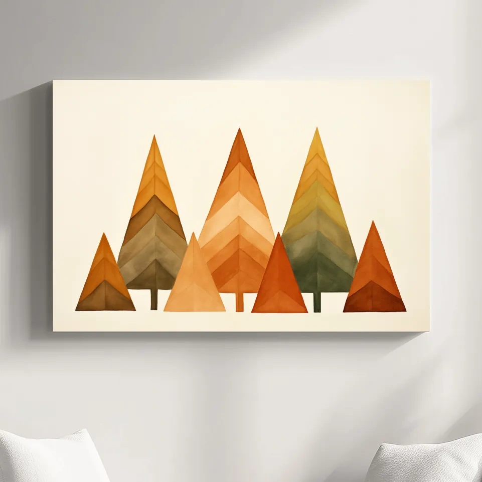 Bohemian style art, minimal forest, triangular trees