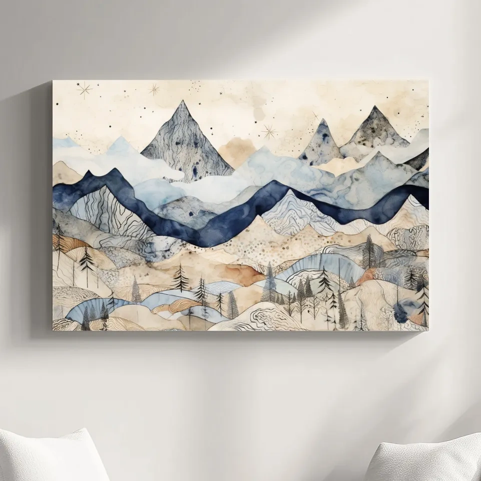 Surreal alpine mountain landscape art, patchwork style artwork