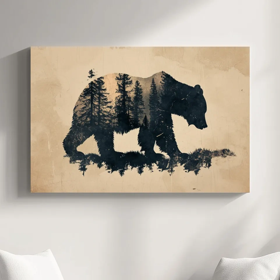 Vintage grizzly bear illustration artwork, double exposure sepia style