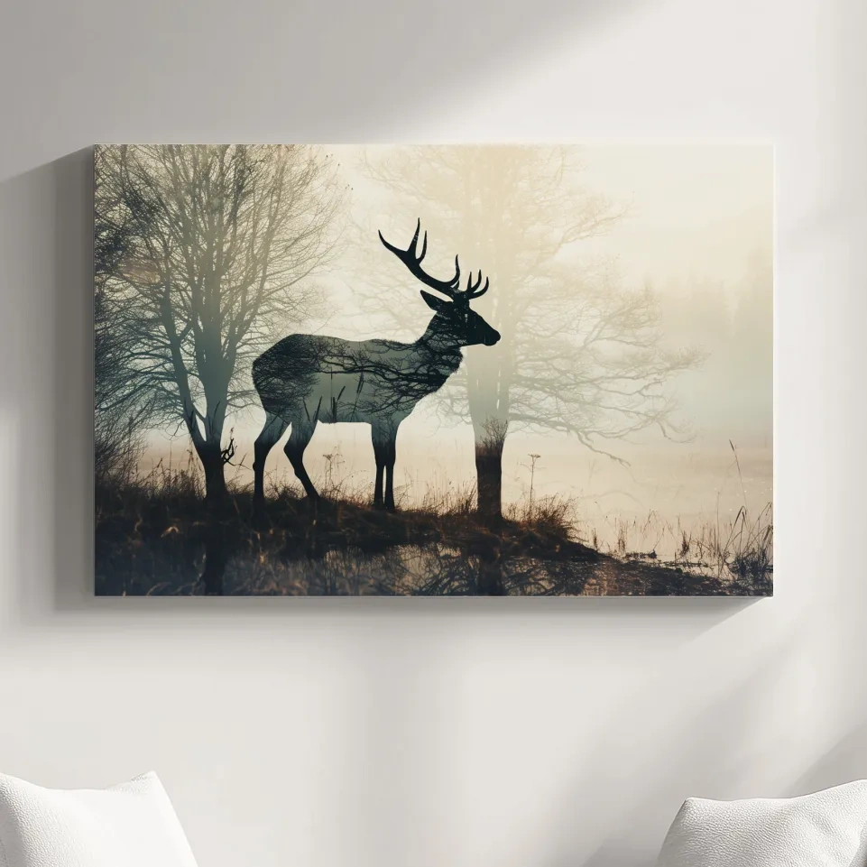 Double exposure photographic artwork of a deer silhouette in the forest