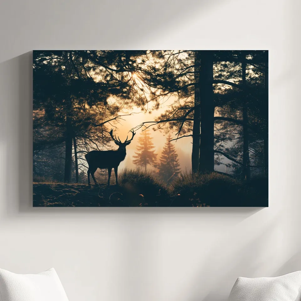 Photograph of a deer silhouette in the forest at sunset