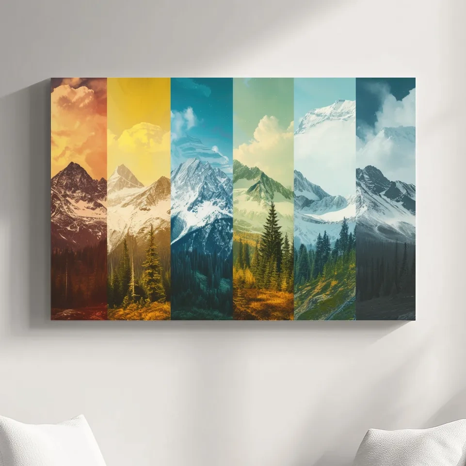 Changing of seasons, alpine forest and glacier art, split panel artwork