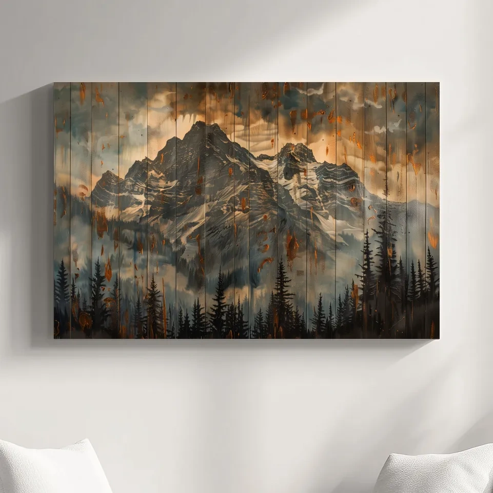 Rustic Mountain Range Painting - Alpine Forest Wood Panel Wall Art
