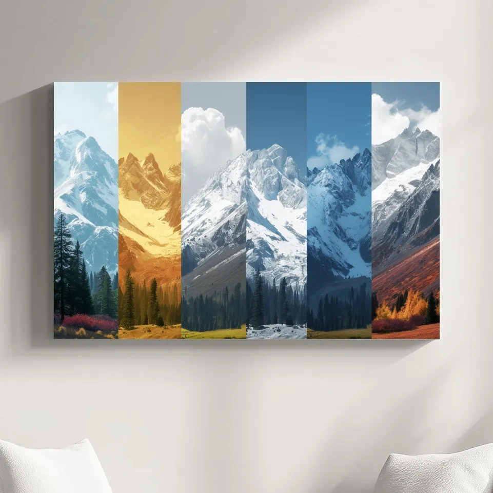 Alpine mountain artwork, forest and glacier, split panel changing of seasons inspired