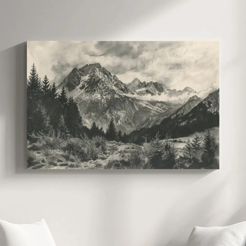 Lead pencil drawing, alpine meadows glacier artwork