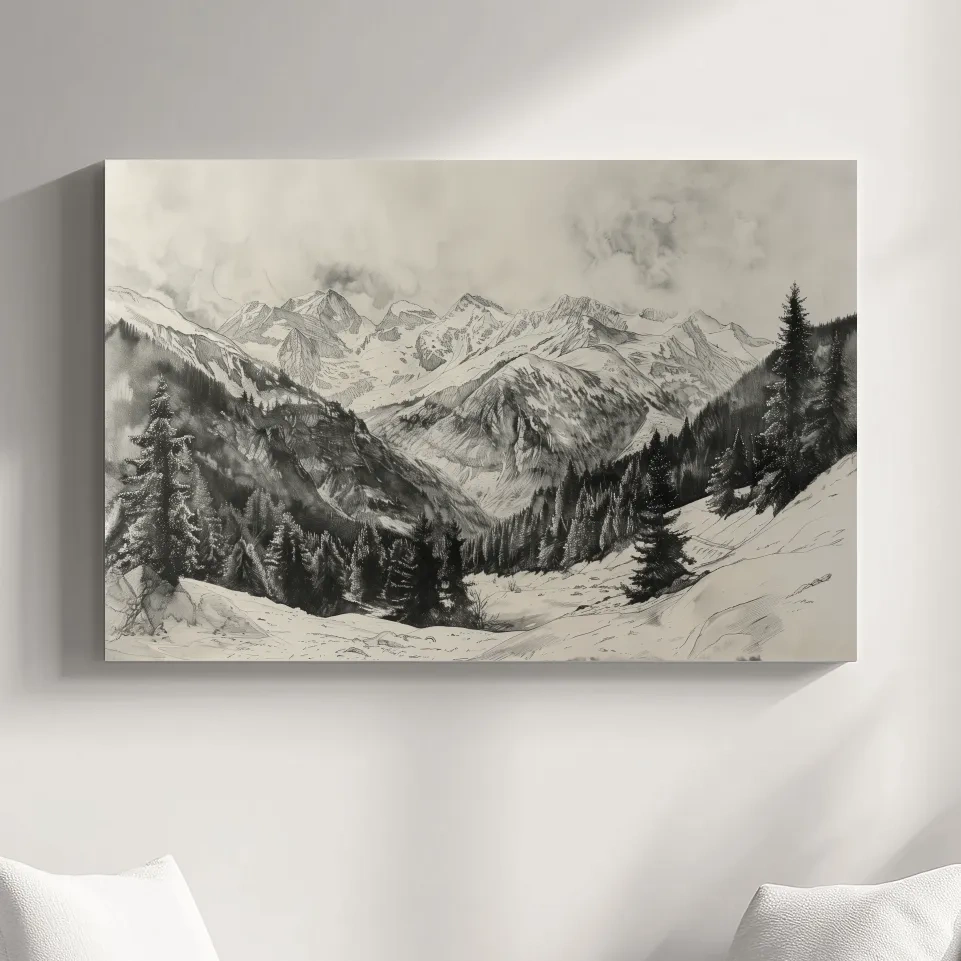 Lead pencil drawing, alpine forest and glacier mountain artwork