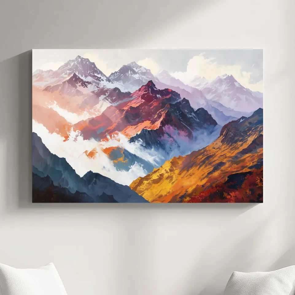 Impressionism style painting, abstract mountain ranges in fall