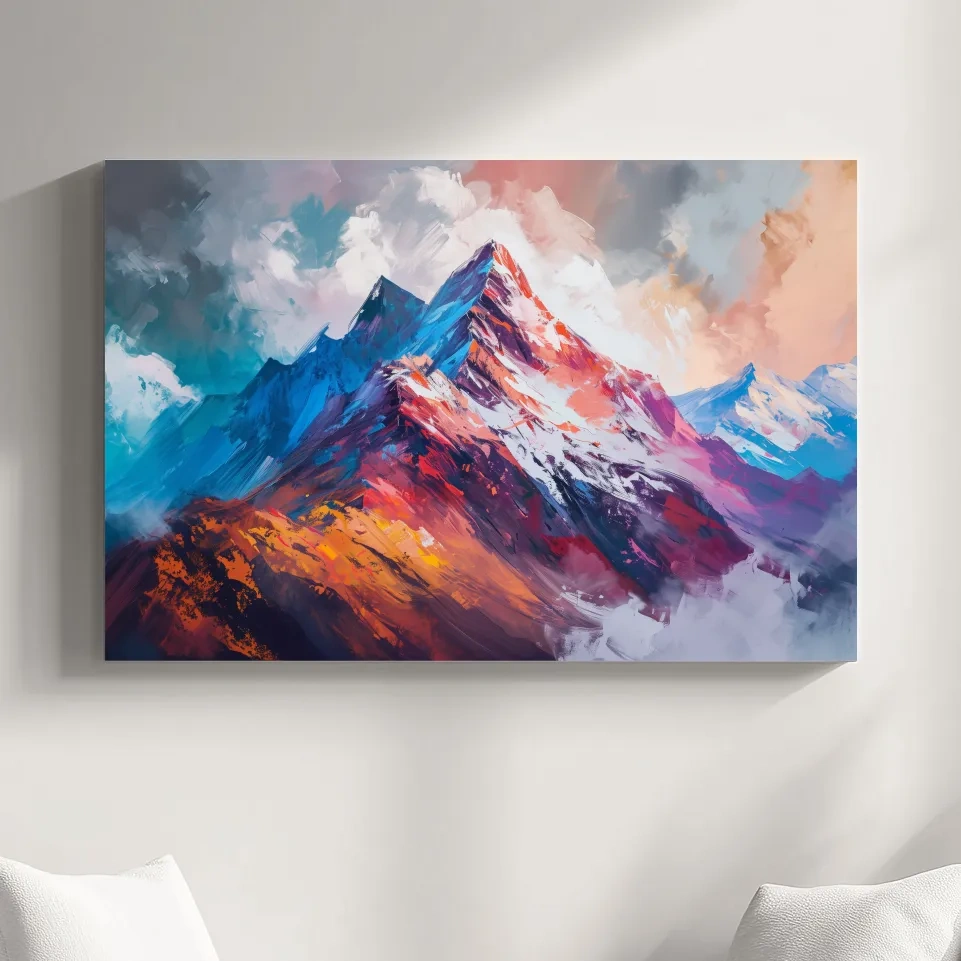 Vibrant impressionism style textured mountain painting artwork