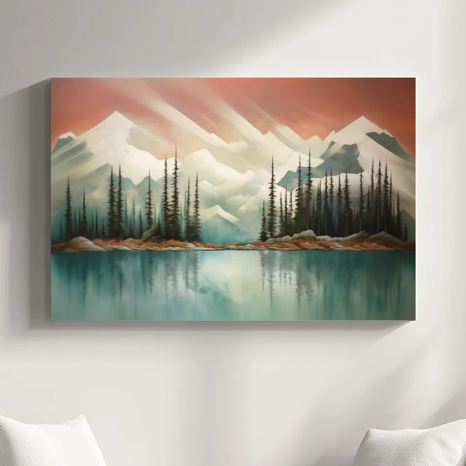 Trees on a beautiful alpine lake, mountain painting, abstract