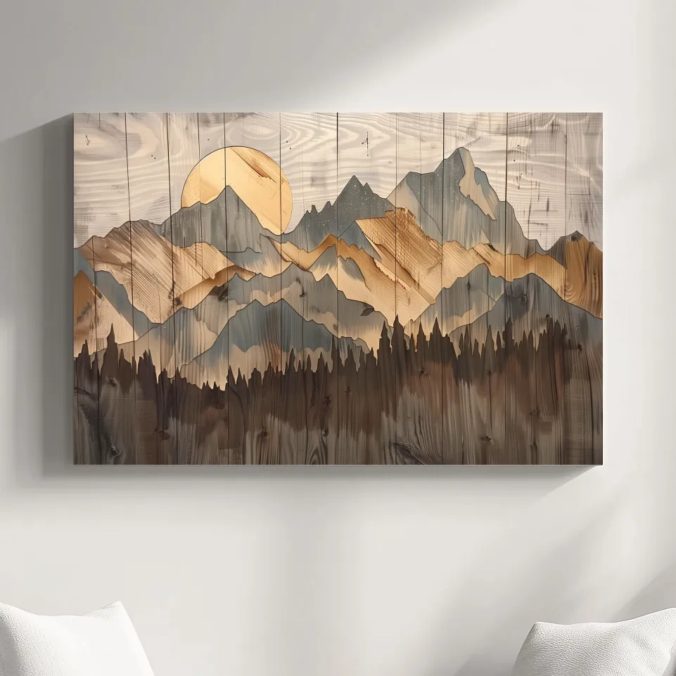 Rustic mountain artwork, painting on wood panel effect
