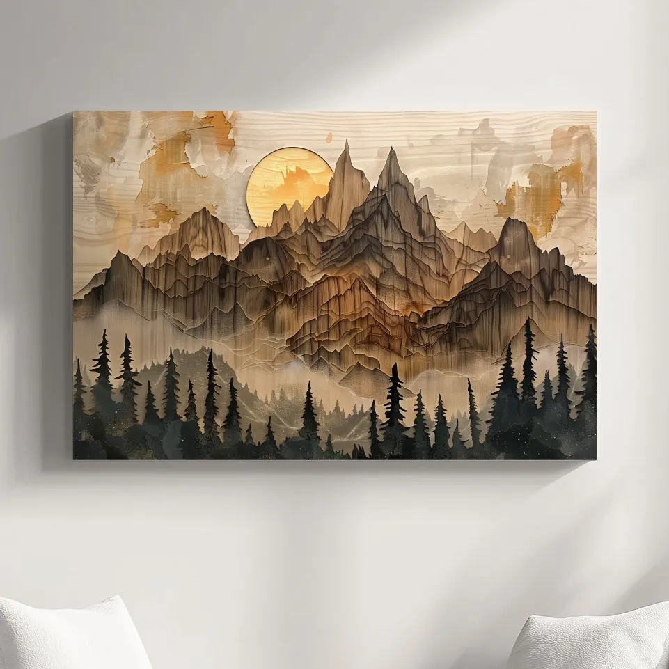Mountain and forest artwork, rustic peeled paint on wood effect