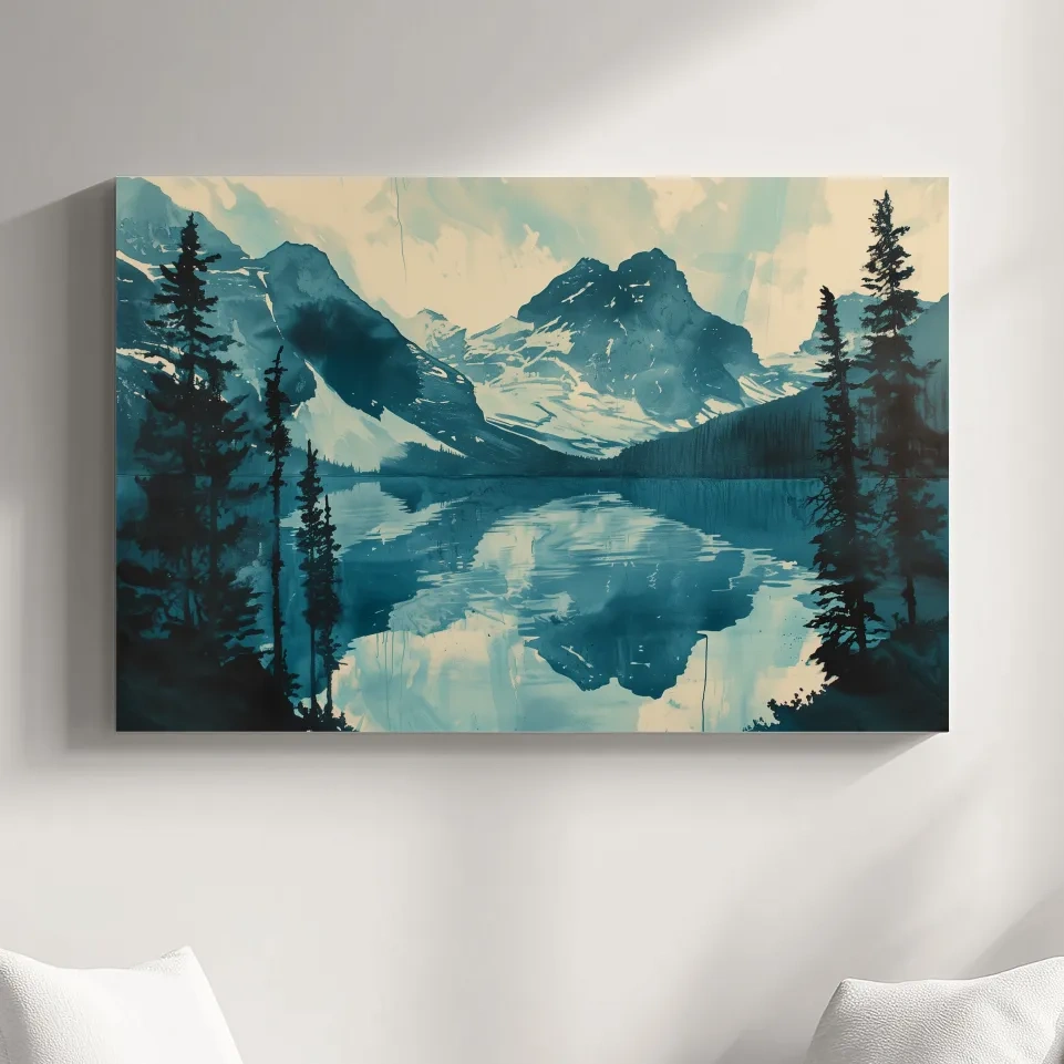 Serene Rocky Mountains lake, watercolour postcard style painting