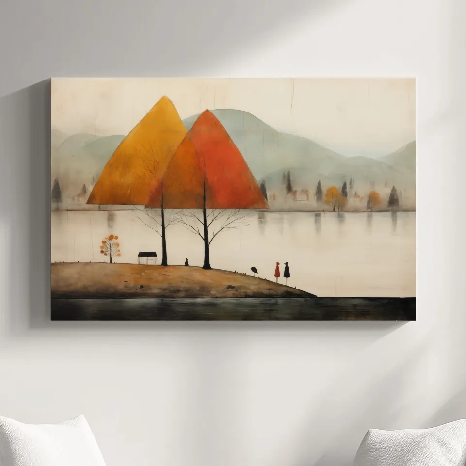 Quirky painting of a lakeside mountain scene in fall