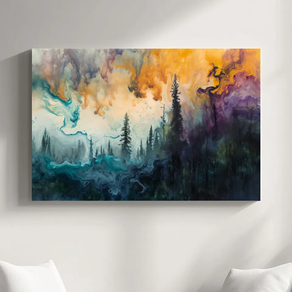 Abstract foggy forest painting, swirling colors and smoke