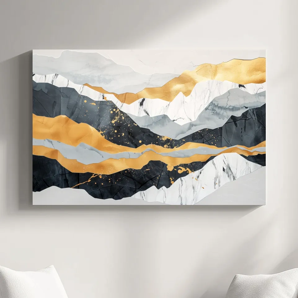 Abstract layered mixed media artwork, elegant mountain ridgelines, large format wall art