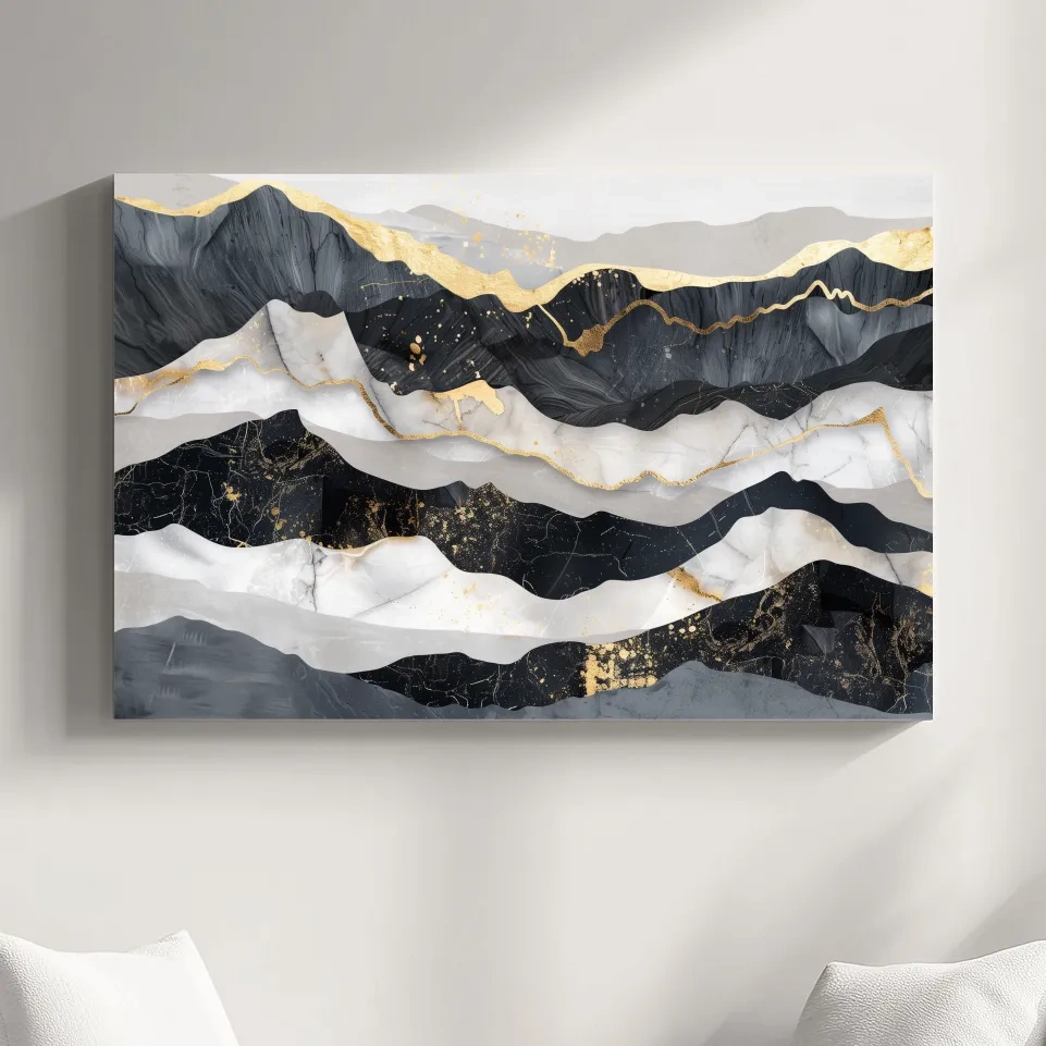 Abstract elegant artwork, layered mountain ridgelines, gold leaf style modern wall art