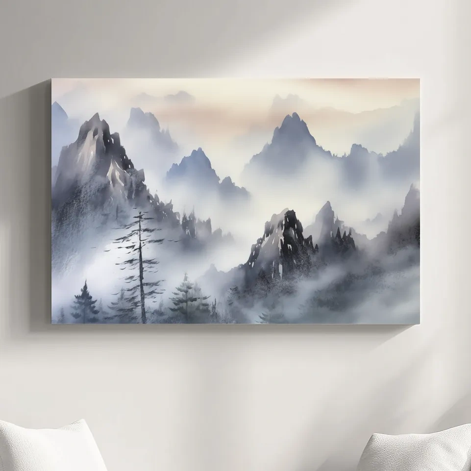 Chinese traditional ink wash style watercolour painting of foggy mountains