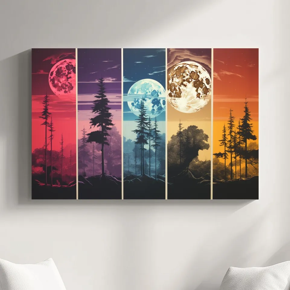 Multipanel colorful treeline under the moonlit sky, risograph style artwork