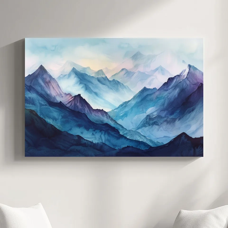 Watercolour mountain painting, colourful mountain landscape artwork