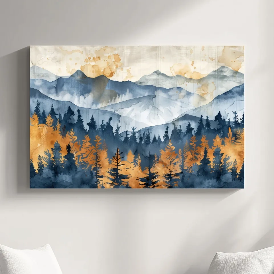 Watercolor Mountain Forest Landscape - Abstract Golden Autumn Pines Wall Art