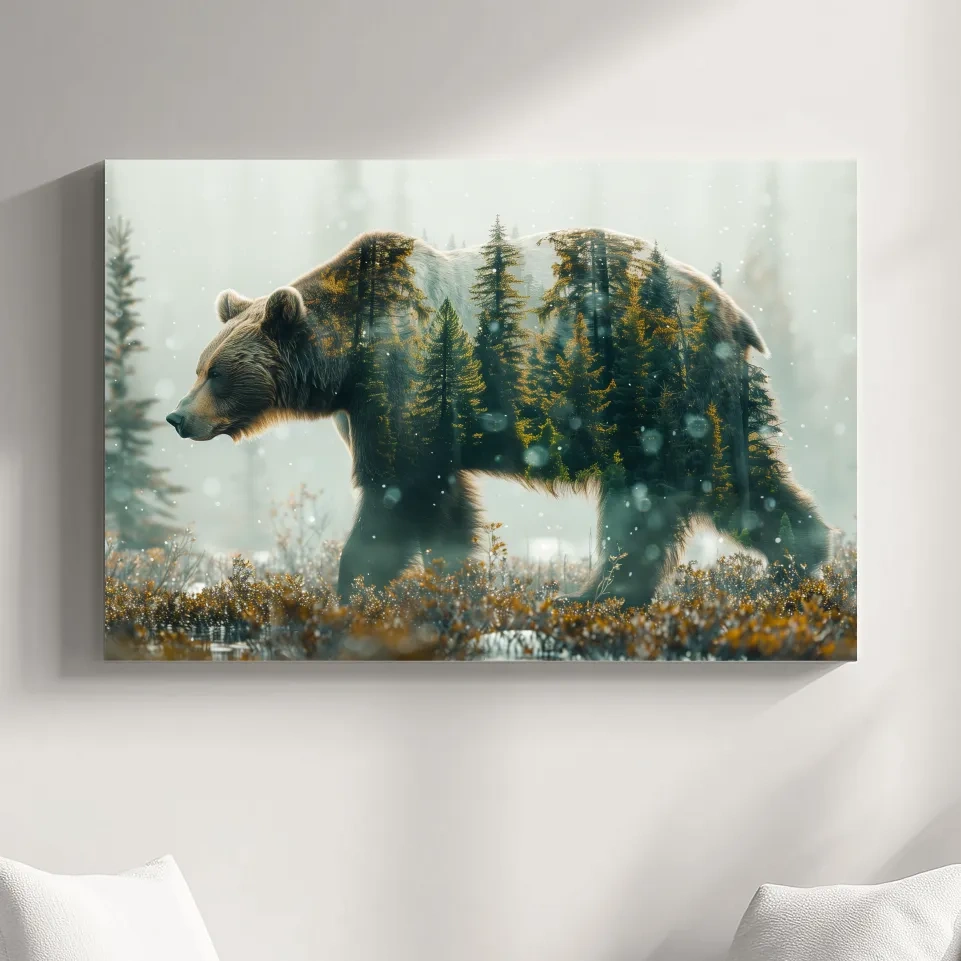 Double exposure photography, grizzly bear in the forest