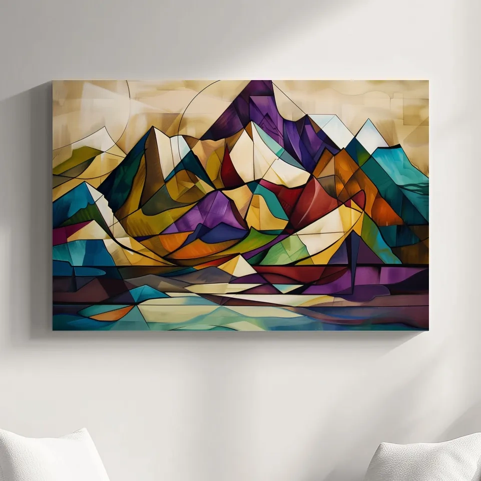 Abstract colorful mountain art, mixed media leadlight style painting