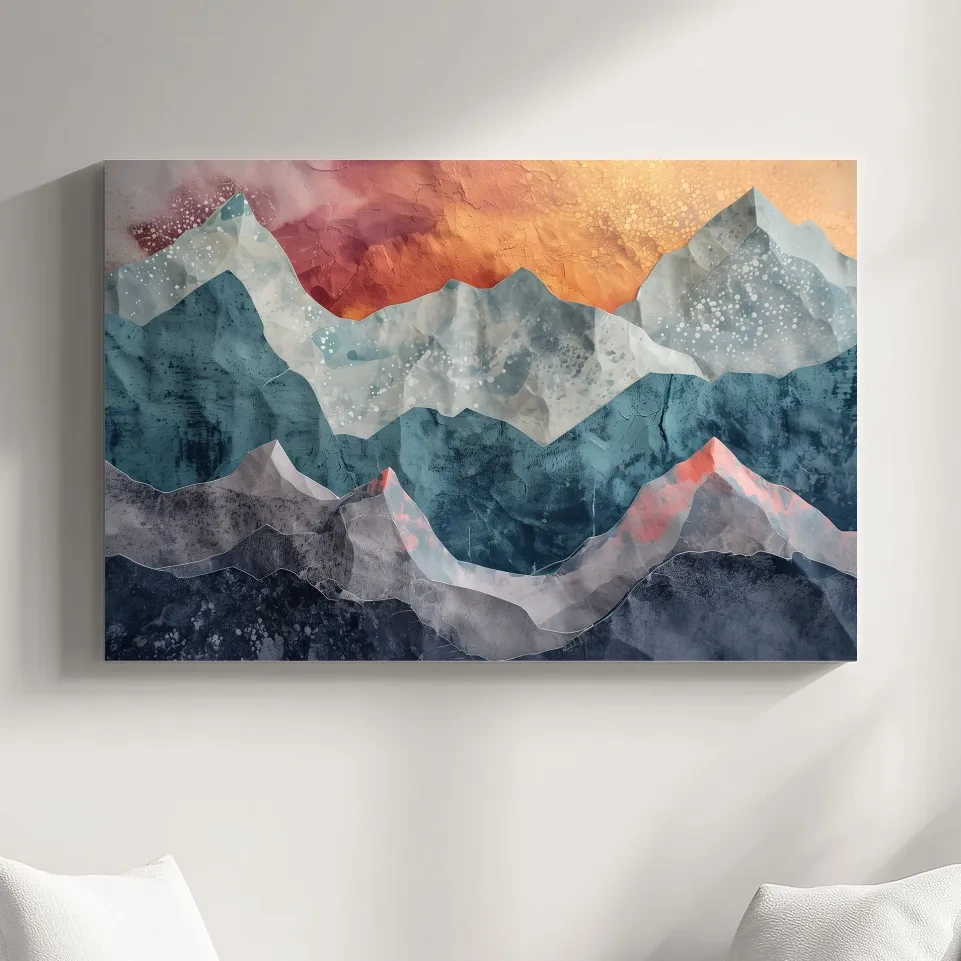 Abstract sunset mountain artwork, 3d textured paper effect
