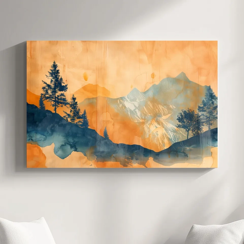 Abstract watercolor painting wall art, trees, mountains and glacier