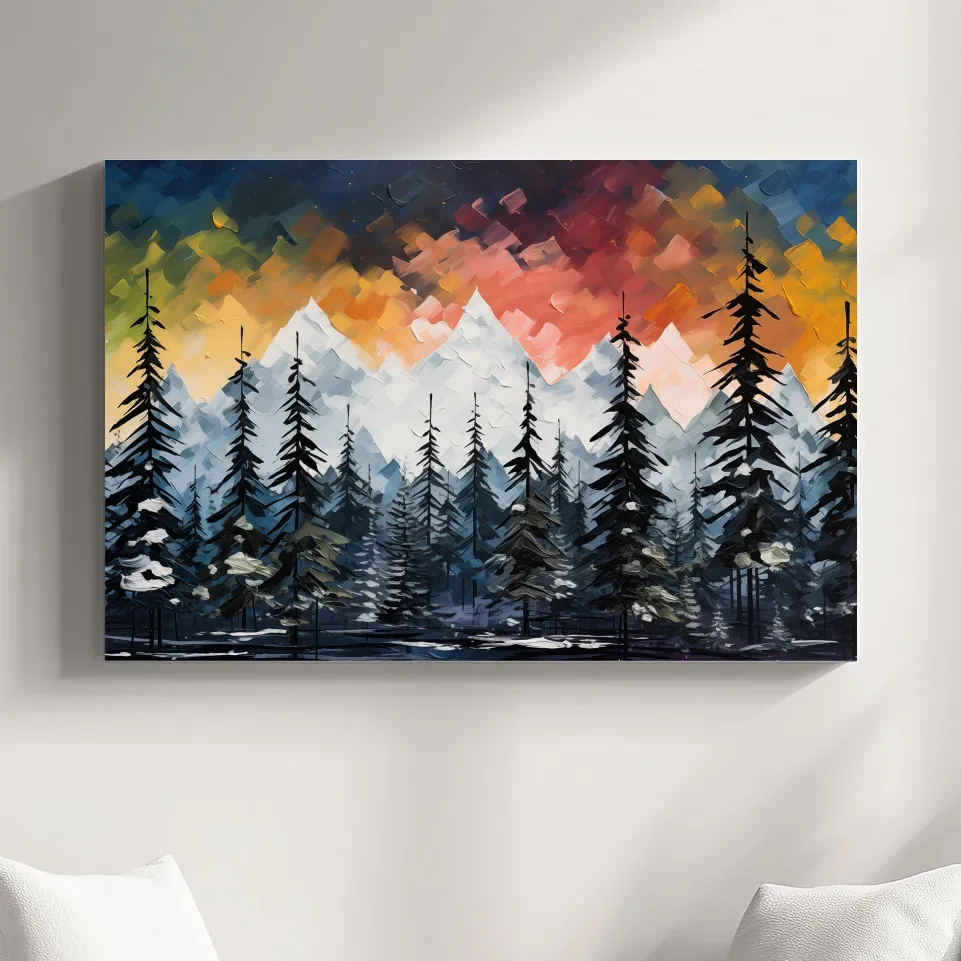 Bold textured palette knife effect impasto sunset mountain painting, treeline in the alpine